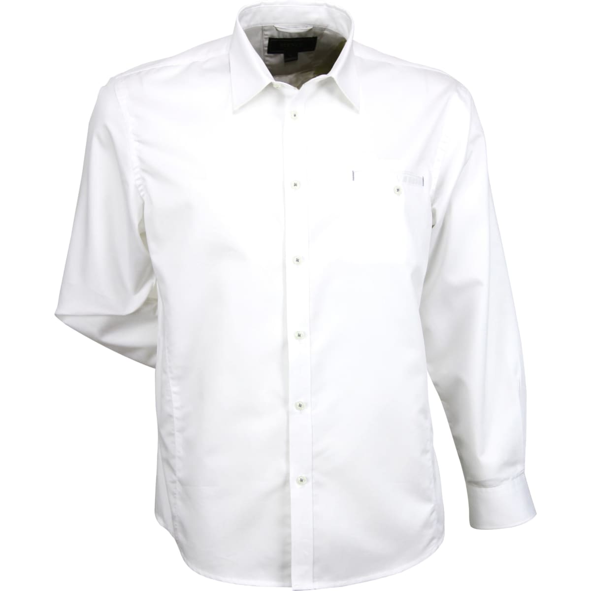 A white long-sleeve button-up shirt featuring a pocket and a logo.