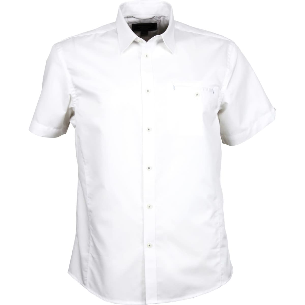 A short-sleeved white button-up shirt with a chest pocket and a logo.