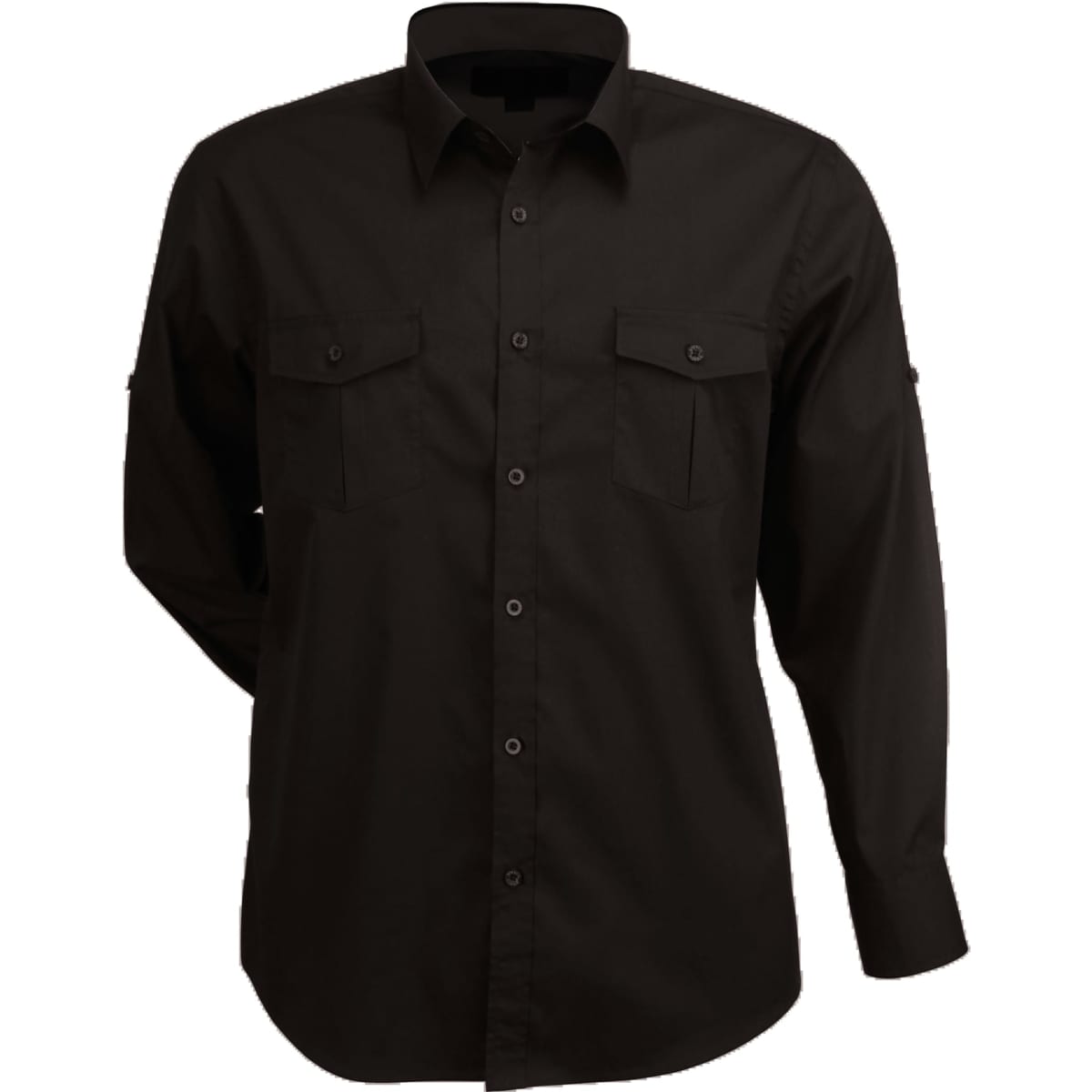 A black long-sleeve button-up shirt with two chest pockets and a logo on the collar.