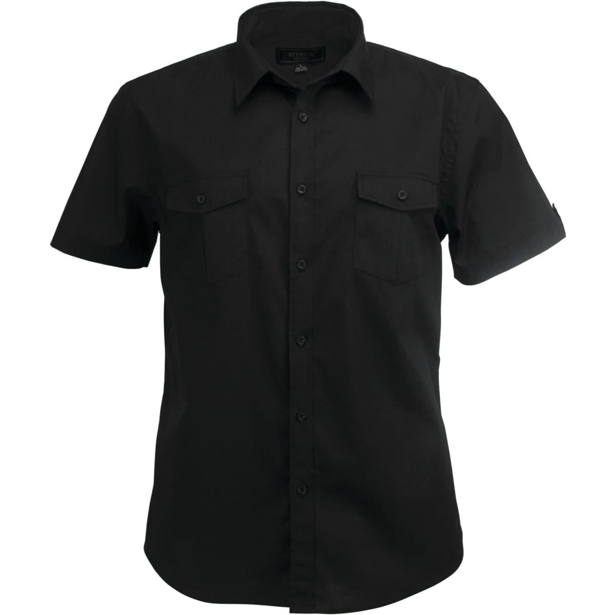 A short-sleeved men's shirt in black, featuring a button-up front and two chest pockets. Includes a logo on the sleeve.