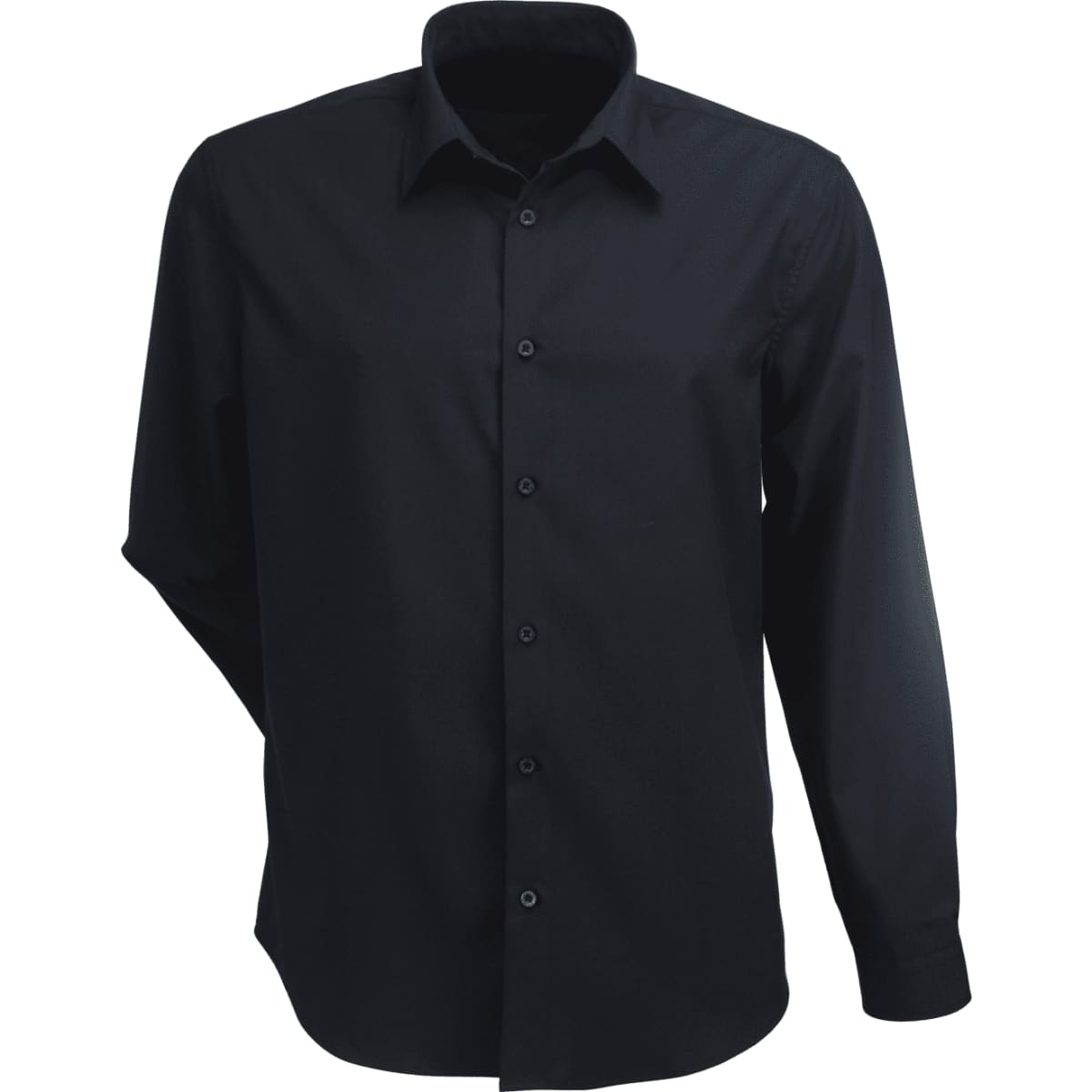 A long sleeve men's button-up shirt in solid black with a collared neckline and buttons down the front.
