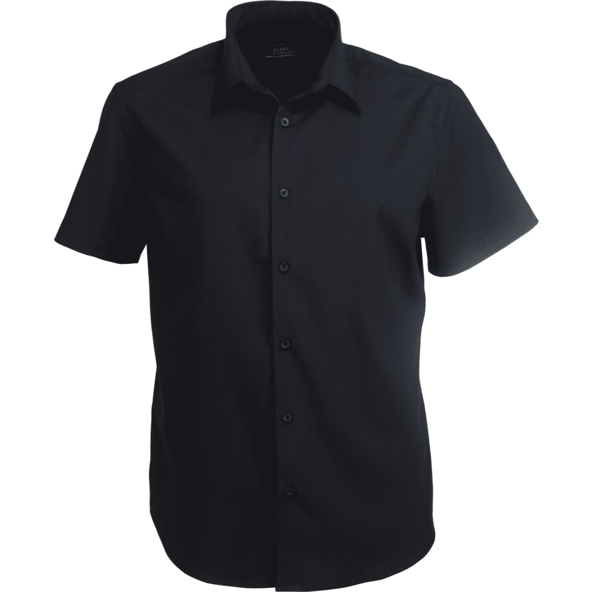 A short-sleeved, black button-up shirt with a collar and a logo.