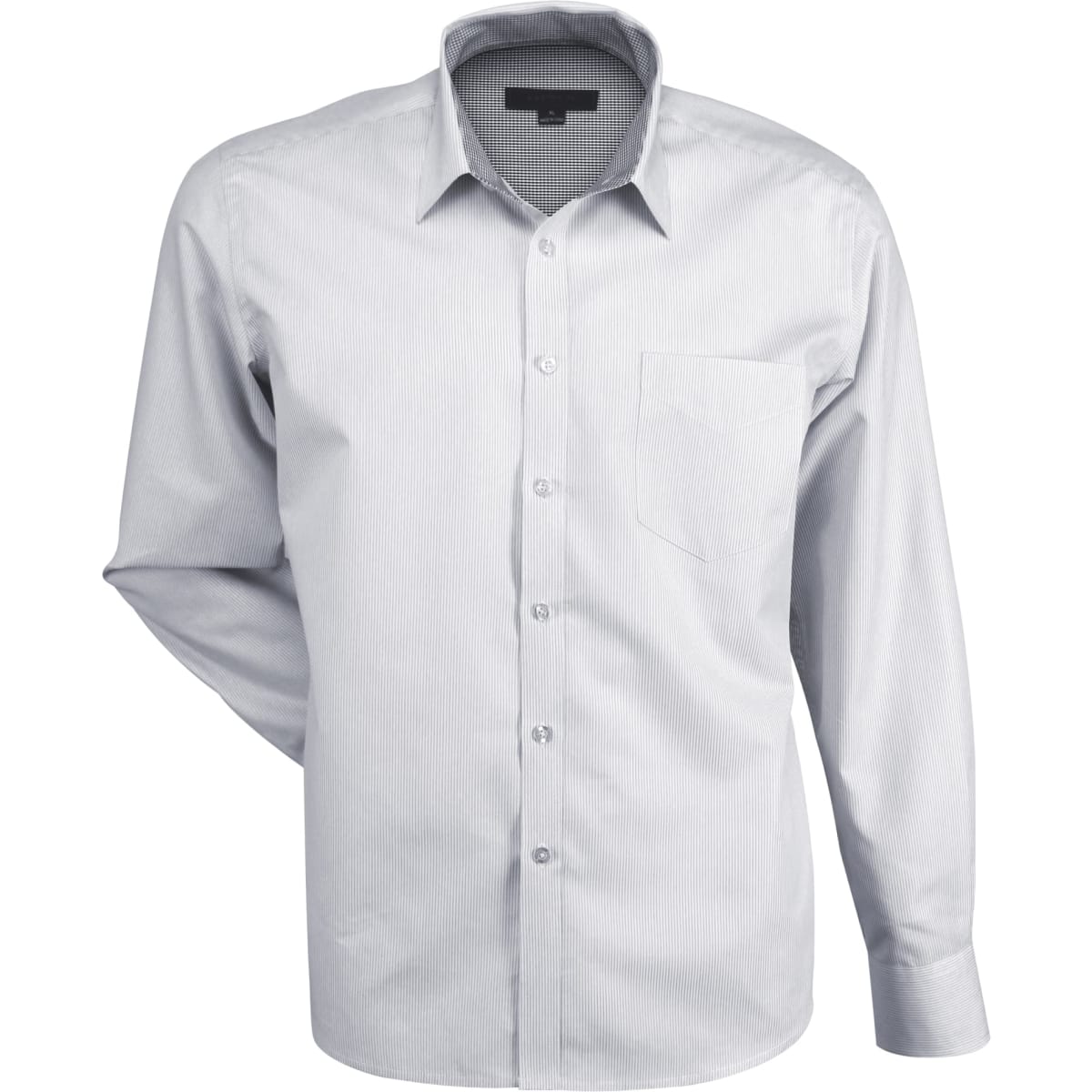 A light grey button-up shirt with a single breast pocket and a branded label.