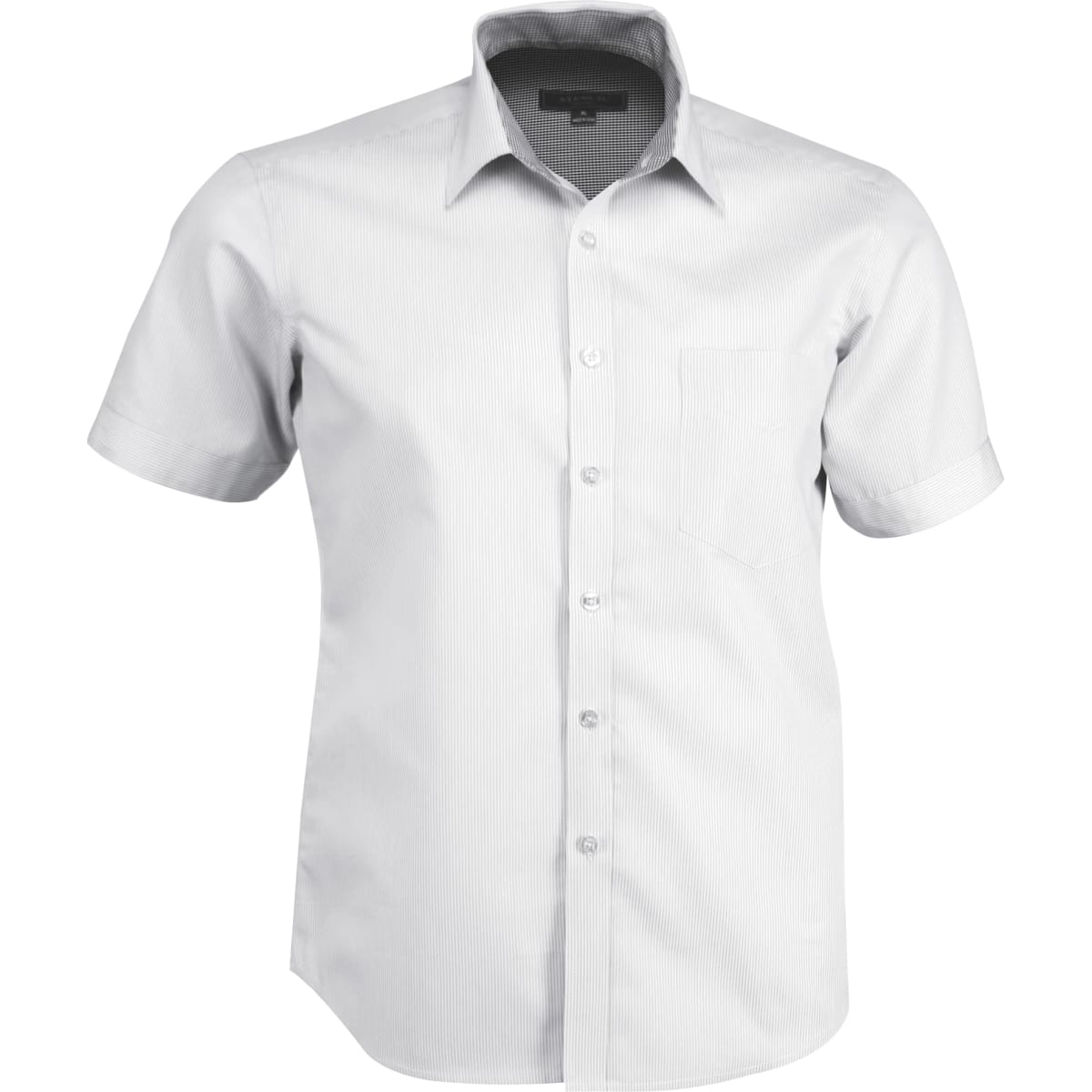 A short-sleeve button-up shirt in light grey with a patterned collar and a single chest pocket. It features a logo.