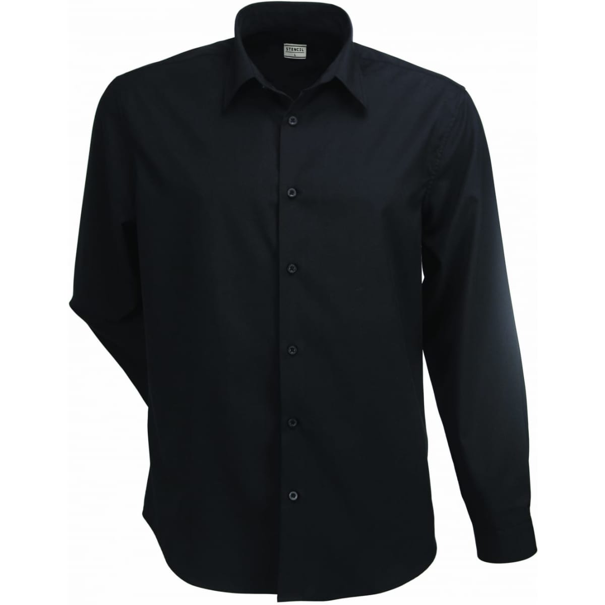 A black long-sleeve button-up shirt for men, featuring a collar and front buttons. The shirt has a logo.