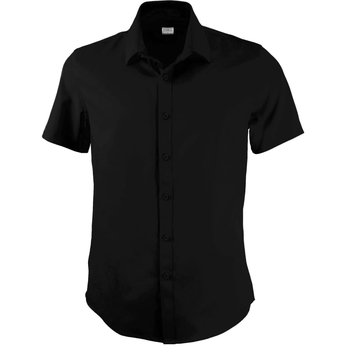 A black short-sleeved button-up shirt with a collar and a logo.