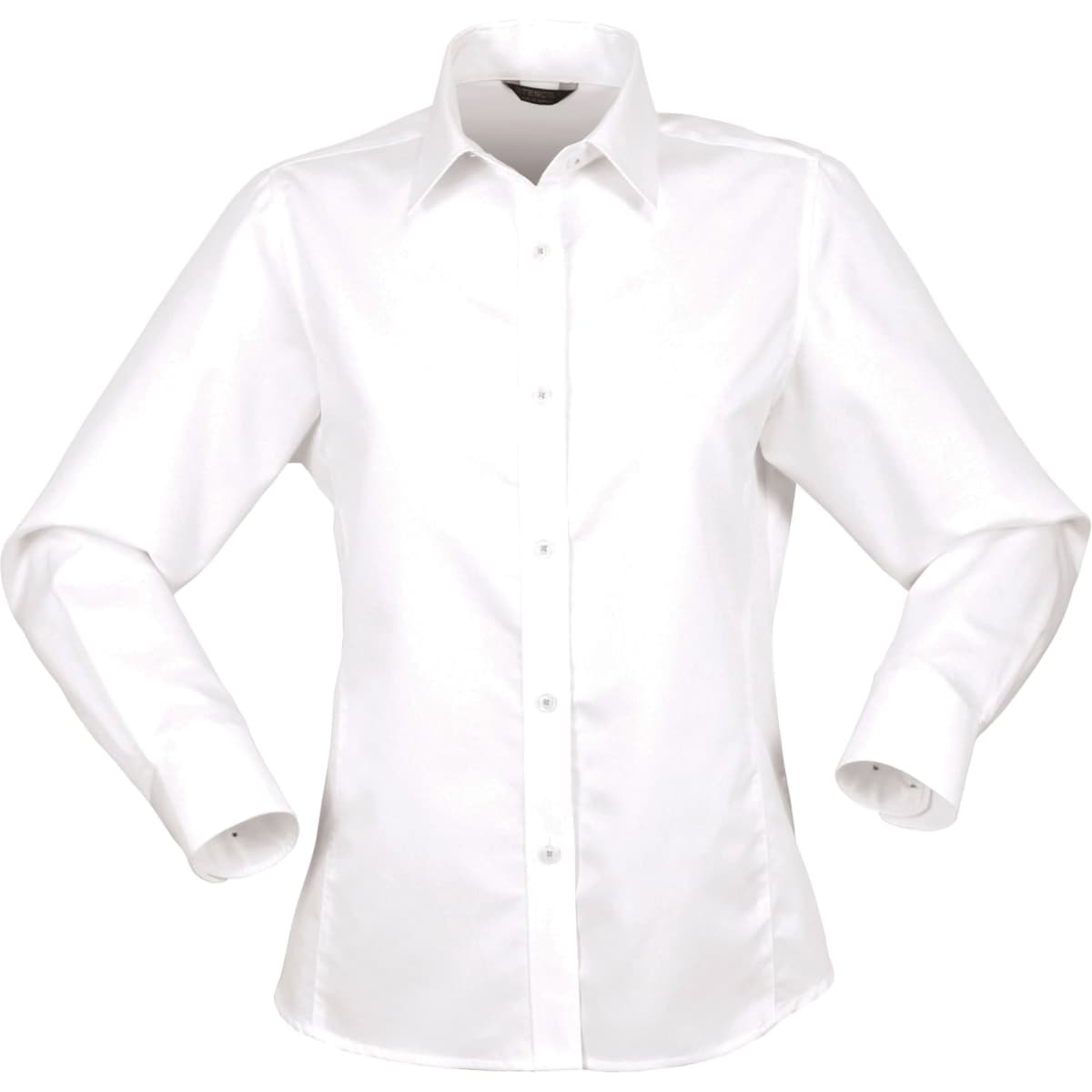 A white long-sleeve button-up shirt for ladies featuring a collar and a fitted design. It has a logo on the fabric.