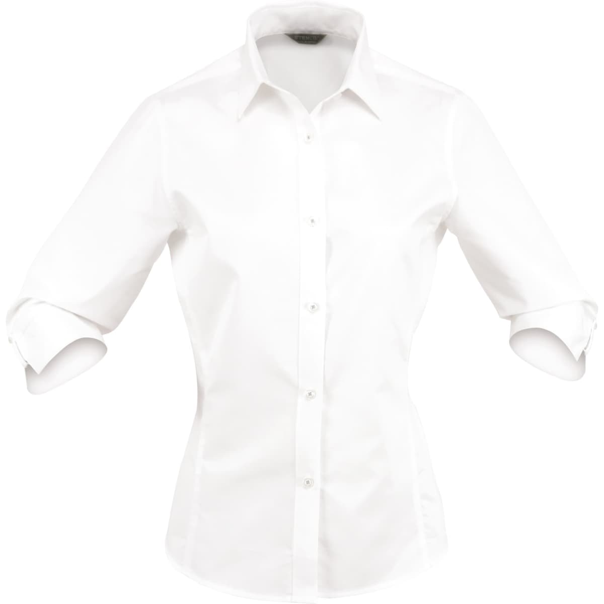A white 3/4 sleeve button-up shirt featuring a fitted design and a collar, with a logo on the label.