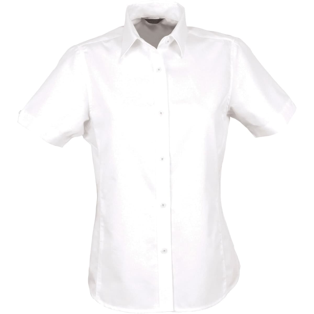 A white short-sleeved button-up shirt for ladies, featuring a collar and a logo.