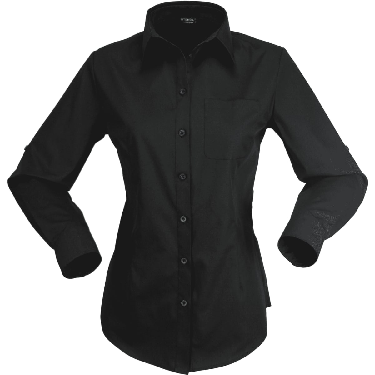 A black long-sleeve button-up shirt for ladies with a chest pocket and a logo. 