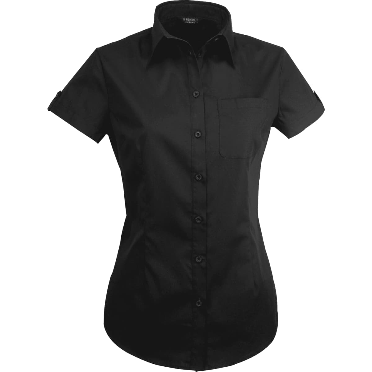 A black short sleeve ladies' shirt with a collar, front buttons, and a single pocket. It features a logo on the sleeve.