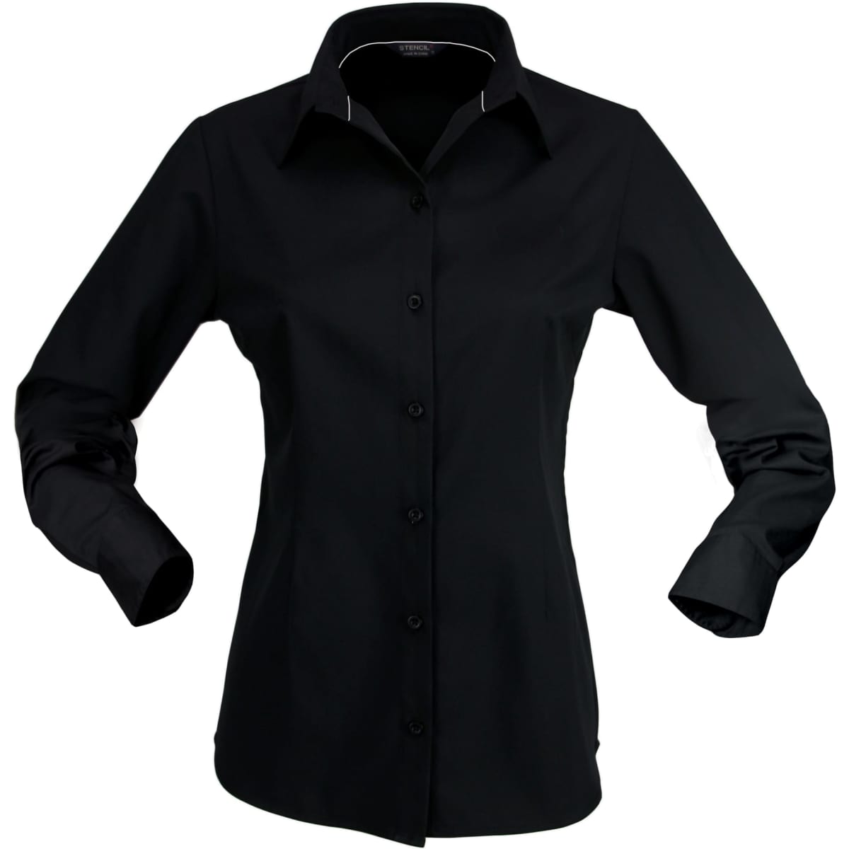 A black long-sleeve button-up shirt for ladies, featuring a collar and a logo.