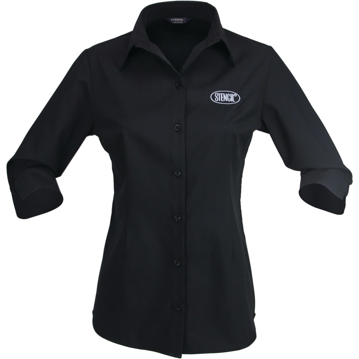 A black button-up shirt with a collar and rolled sleeves, featuring a logo on the chest.