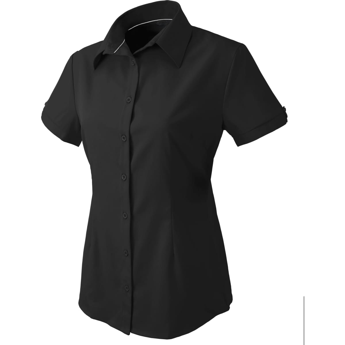 A black short-sleeved ladies' button-up shirt featuring a collar and rolled sleeves, with a small logo present.