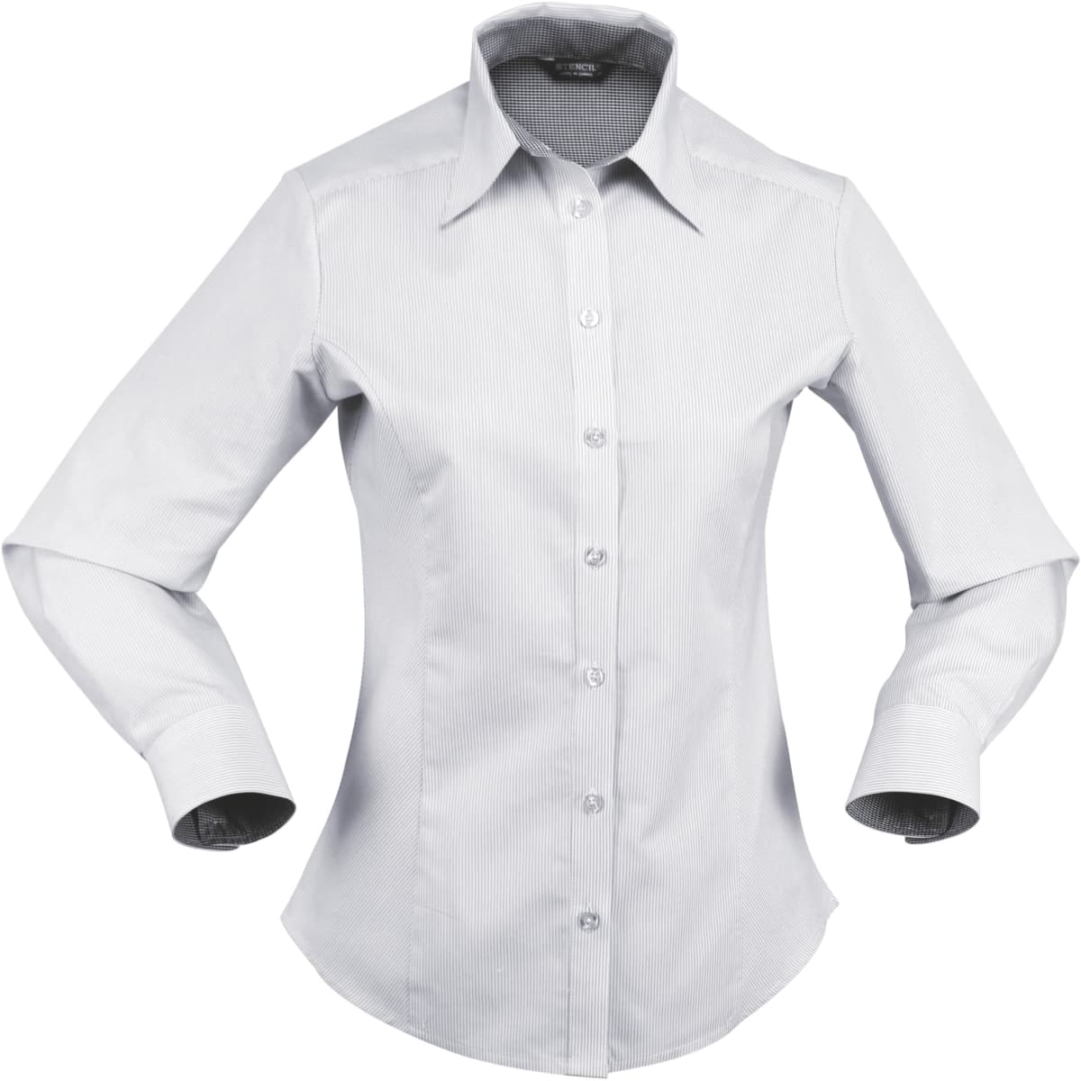 A long-sleeved ladies' button-up shirt in light grey with a subtly striped pattern and a collar.