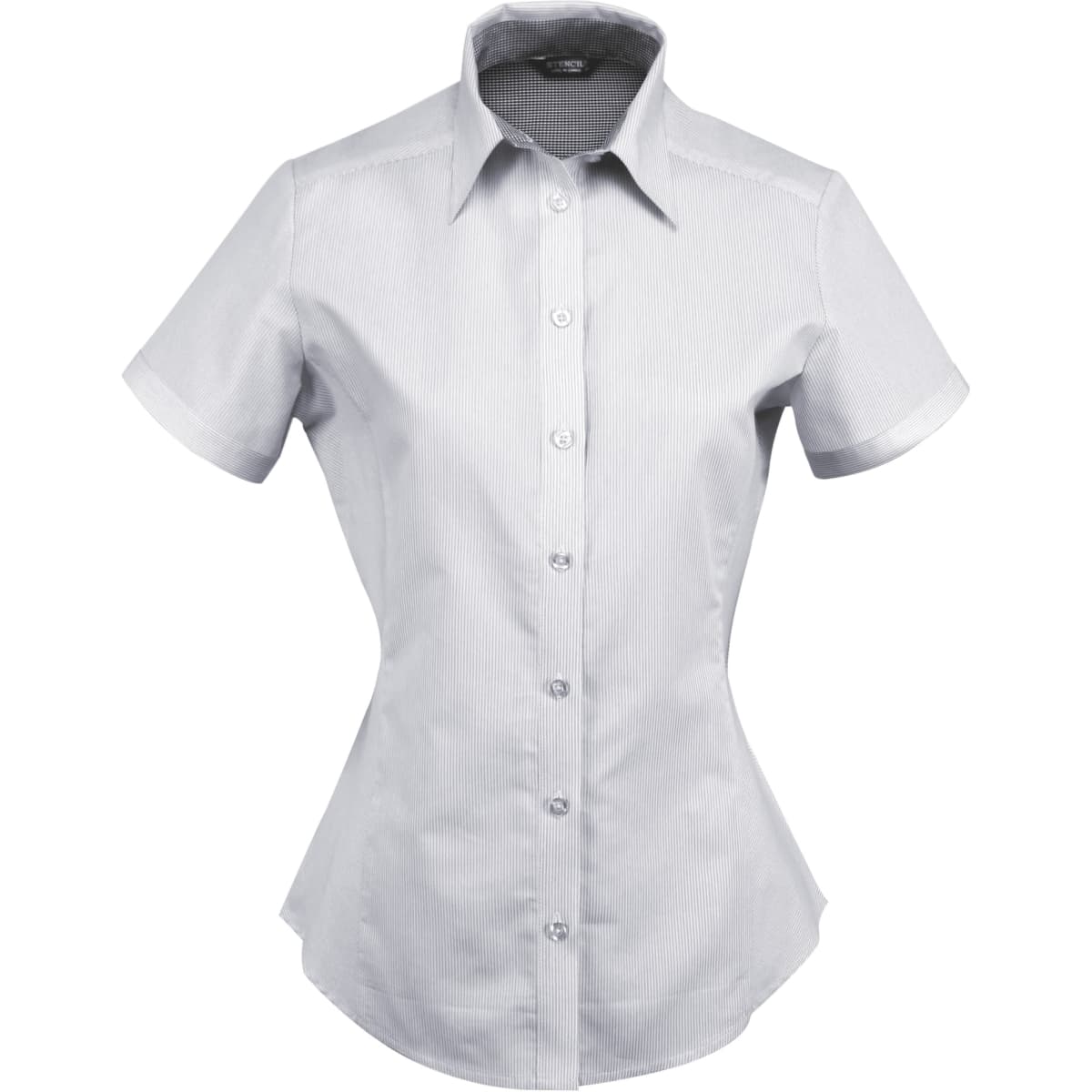 A short-sleeved, fitted ladies' button-up shirt in light grey with a subtle striped pattern and a collar.