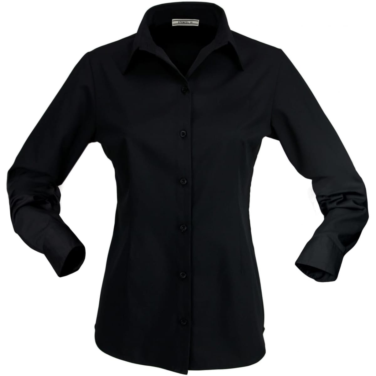 A black long-sleeve button-up shirt for ladies featuring a collar and a fitted design. It includes a logo.