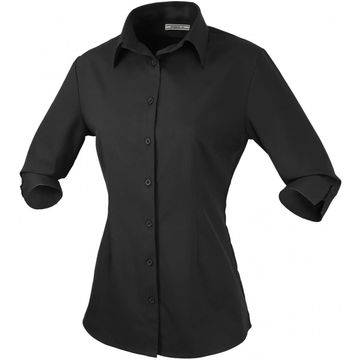 A black button-up shirt with a collar and 3/4 sleeves, featuring a fitted design and a button closure.