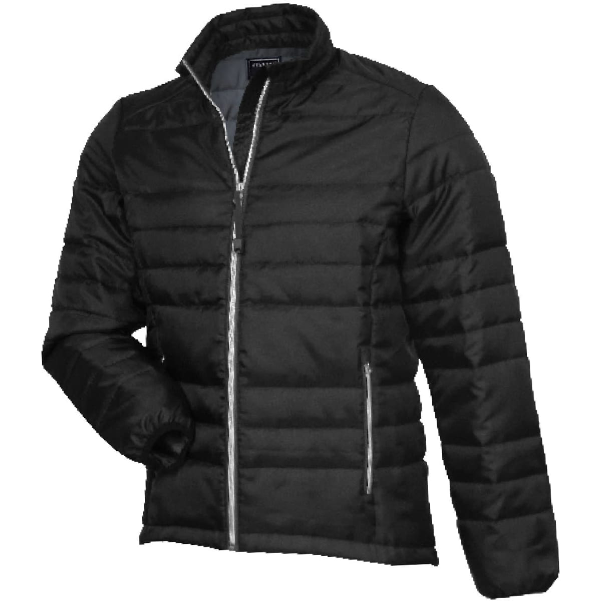 A black PACKLITE JACKET with a zip front and padded design, featuring a logo on the chest.