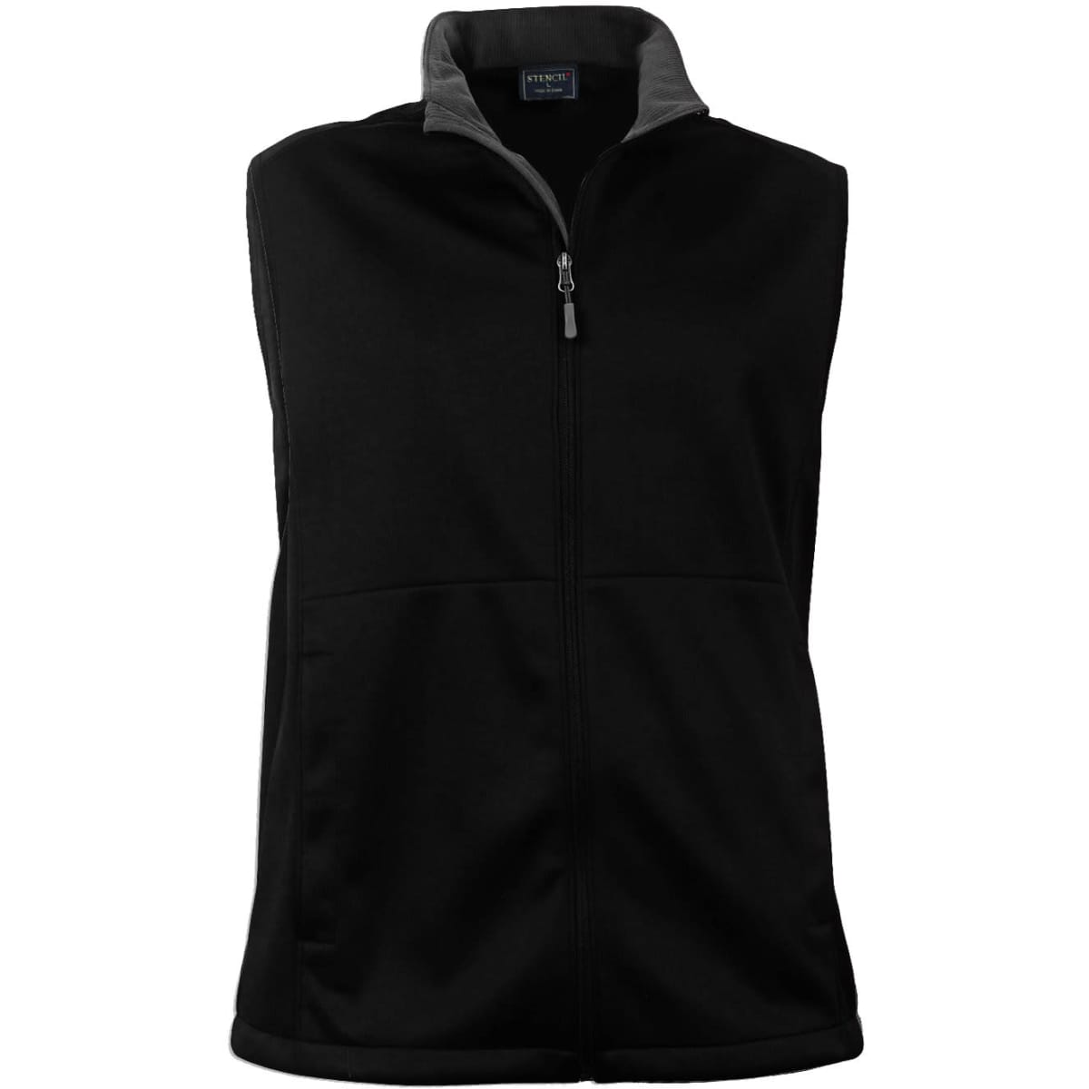 A men's softshell vest in black with a grey collar, featuring a front zip and two side pockets.