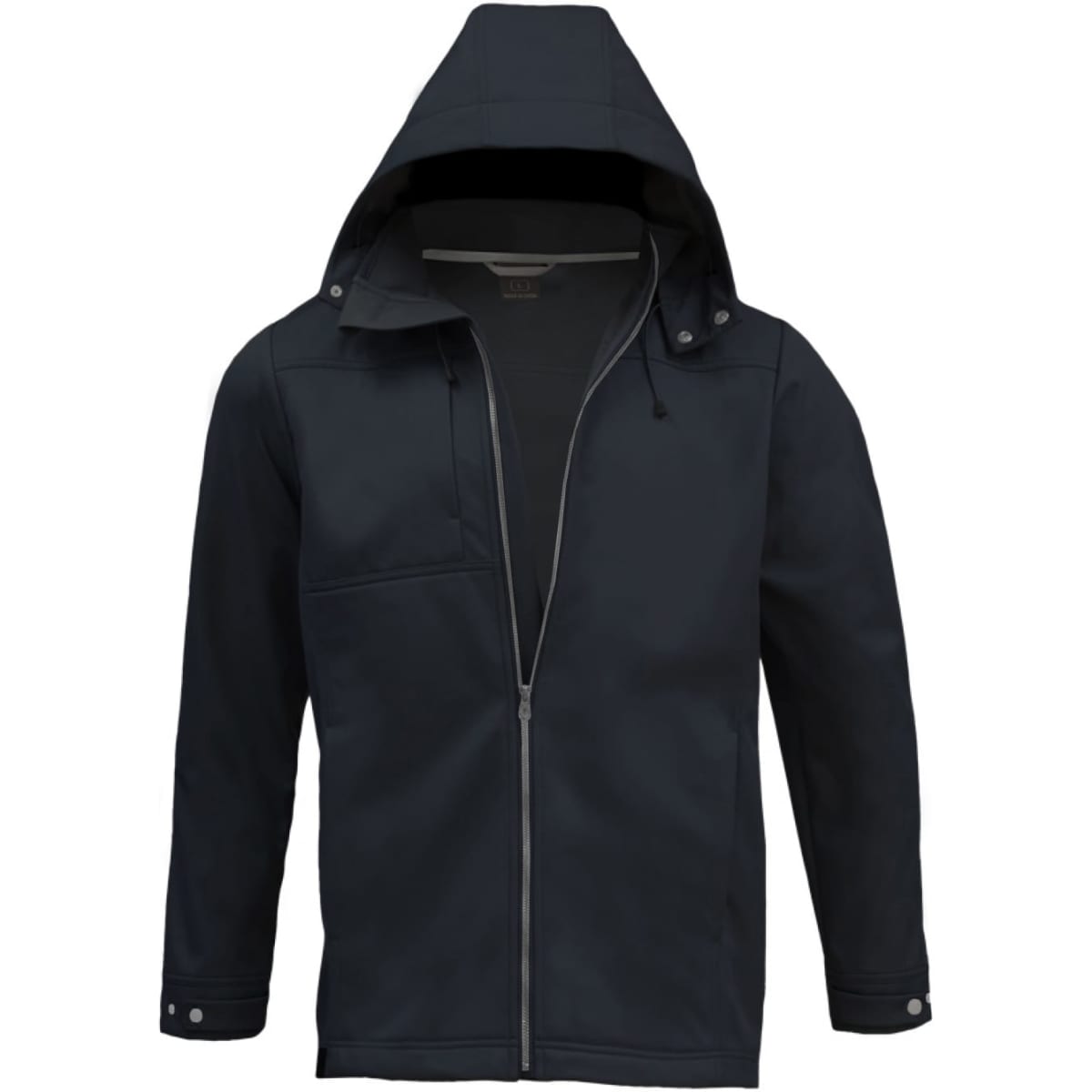 A black soft shell jacket with a hood and a zippered front, featuring an angled chest pocket and a branding logo.