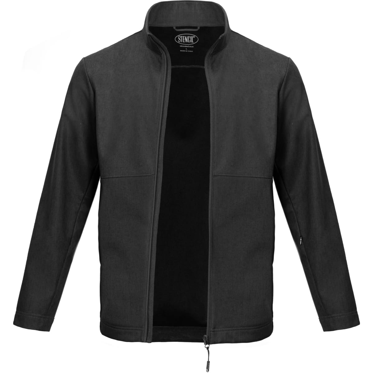 A black men's jacket with a zip front and two front pockets, featuring a collar and branding inside.