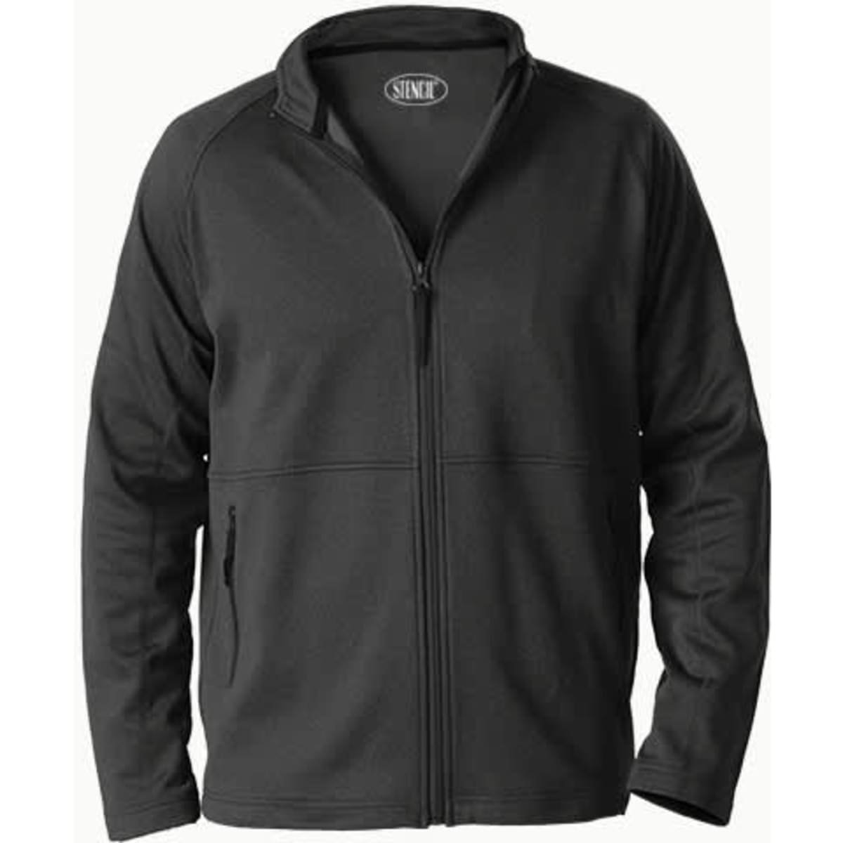 A unisex black jacket with a full zip and side pockets, featuring a logo on the collar.