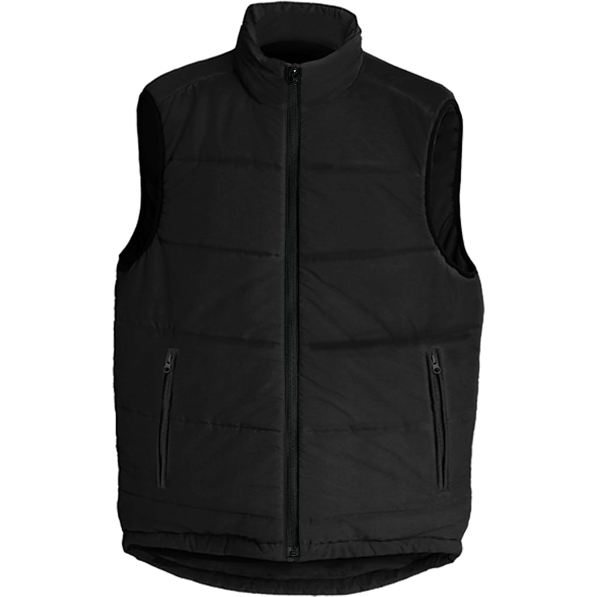 A black men's vest with a zip front and two side pockets, featuring a logo. Perfect for layering.