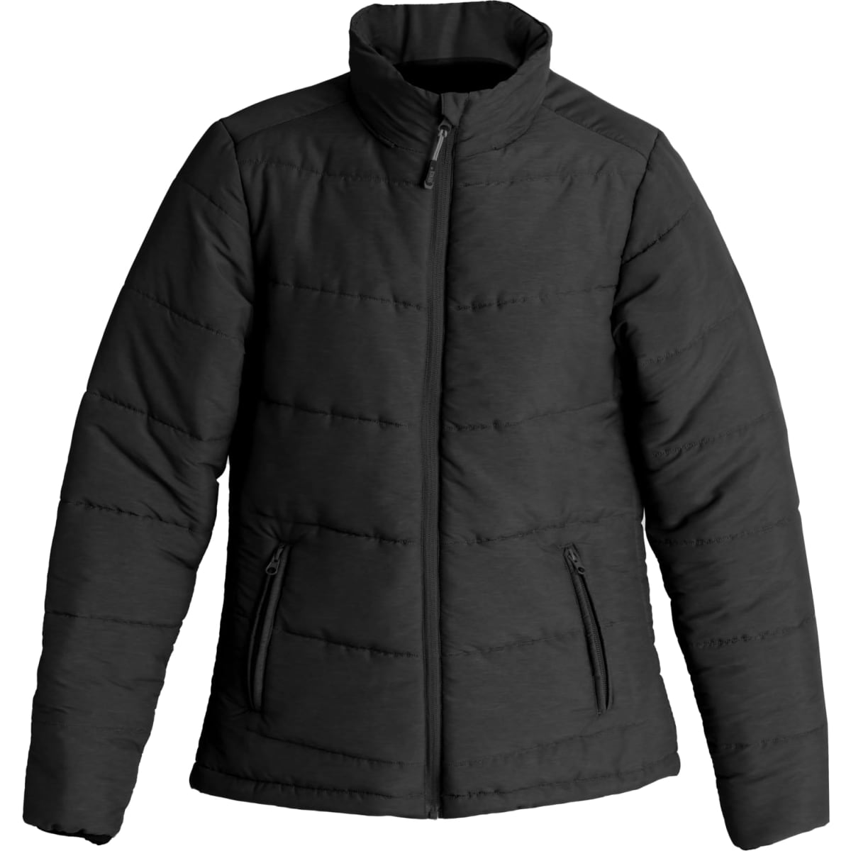 A black puffer jacket for men with a high collar and zippered front, featuring two side pockets.