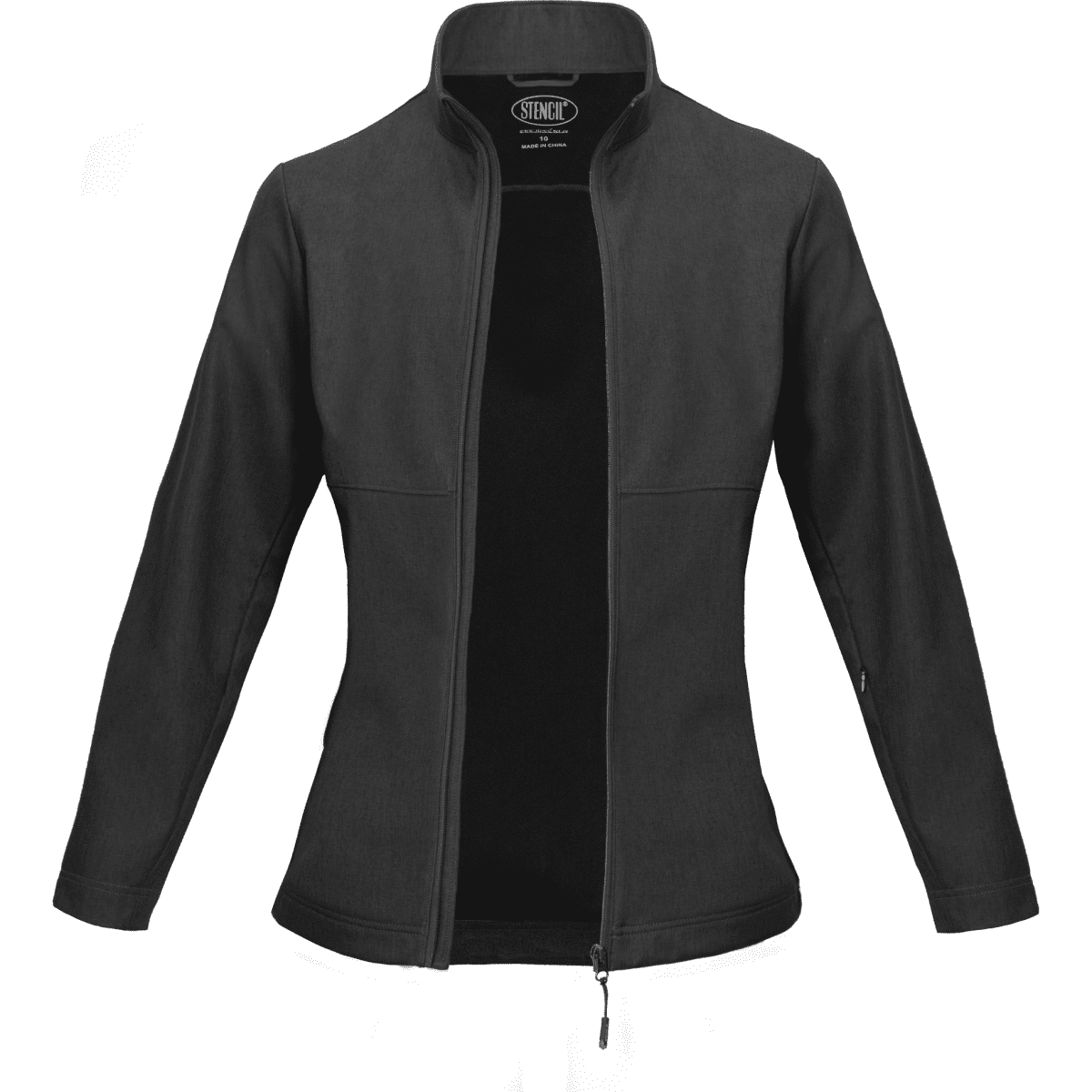 A black ladies' jacket with a zippered front and a high collar, featuring faint branding.
