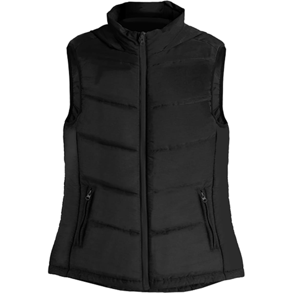 A black ladies vest featuring a zip closure and two front pockets, with a quilted design. 