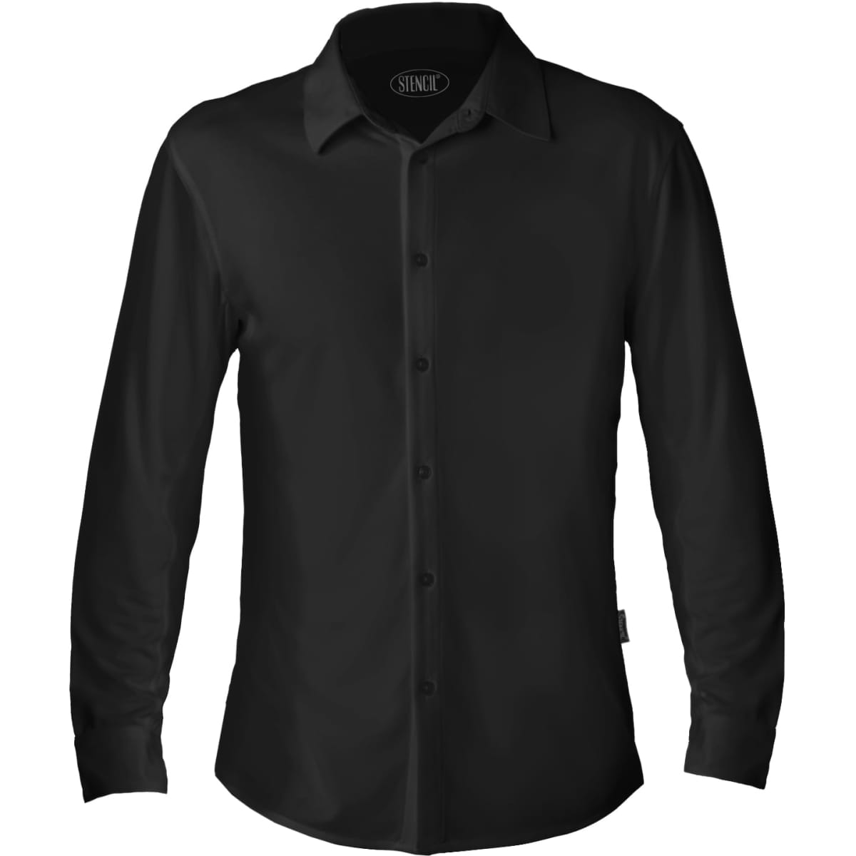 A black long-sleeved polo shirt with a button-down front and a branded tag on the side.
