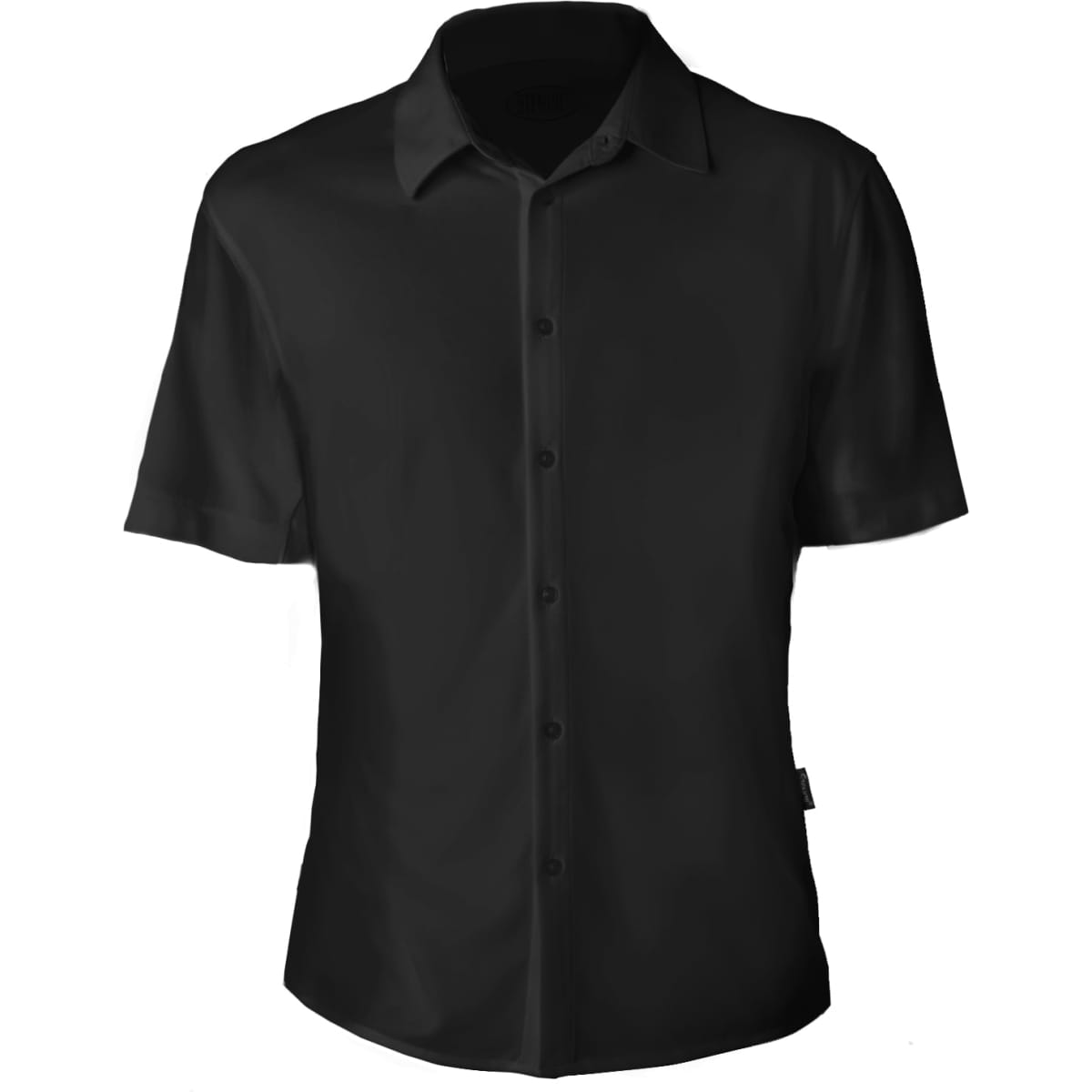A black men's polo shirt with short sleeves and a button-up front, featuring a logo on the fabric.