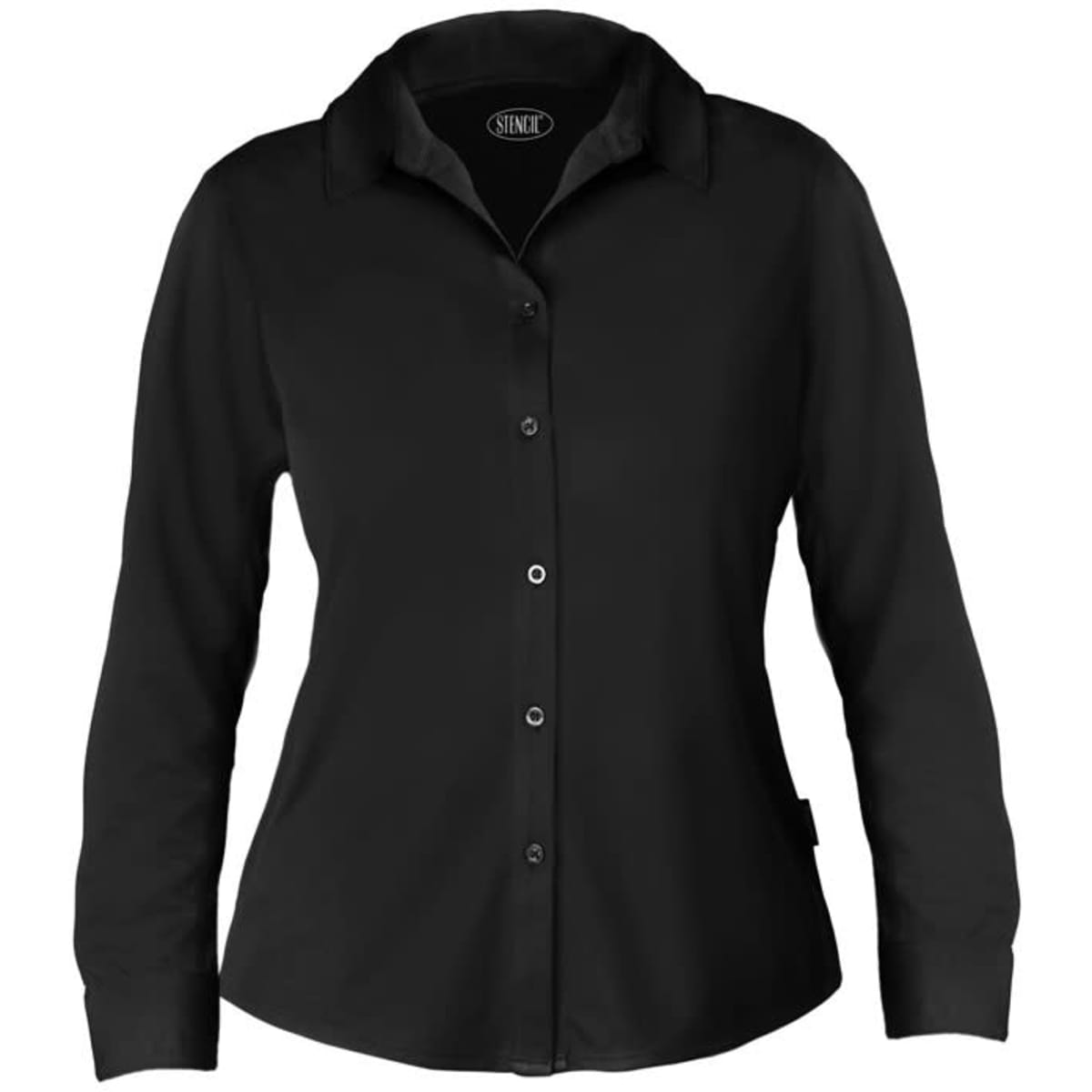 A black long-sleeved polo shirt with a collar and buttons, featuring a logo on the chest.