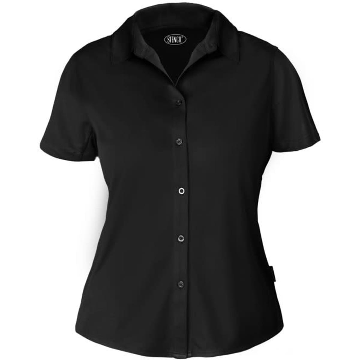 A black short-sleeved polo shirt with a collared neckline and button-up front, featuring a logo.