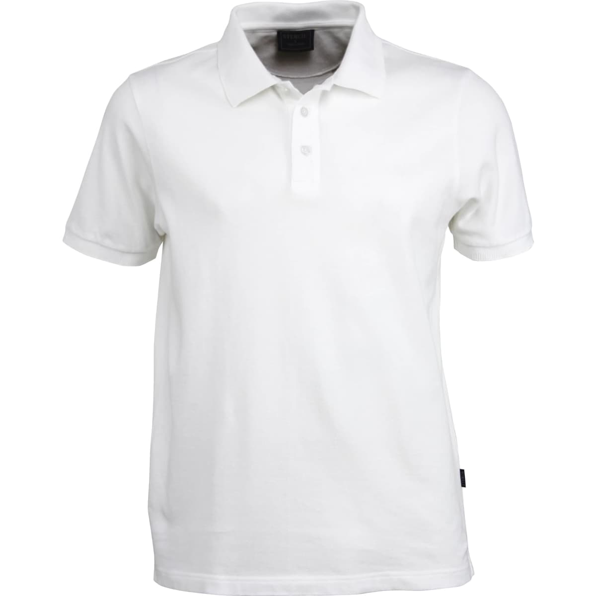 A white men's polo shirt with a collar and three-button placket, featuring a logo on the side.