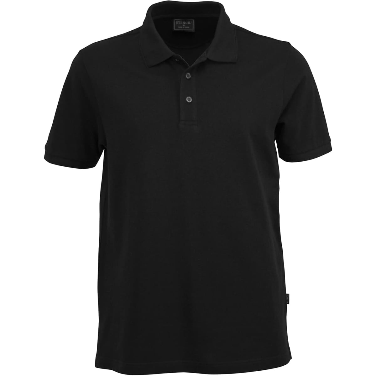 A black polo shirt with a collar and buttons, featuring a logo on the side.