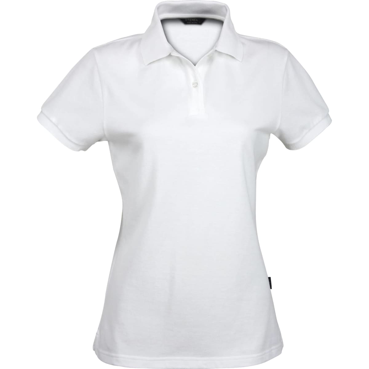 A white polo shirt for ladies with a classic collar and an accompanying logo.