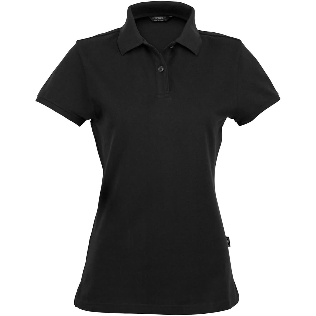 A black ladies' polo shirt featuring a collar and three buttons, with a small logo on the side.