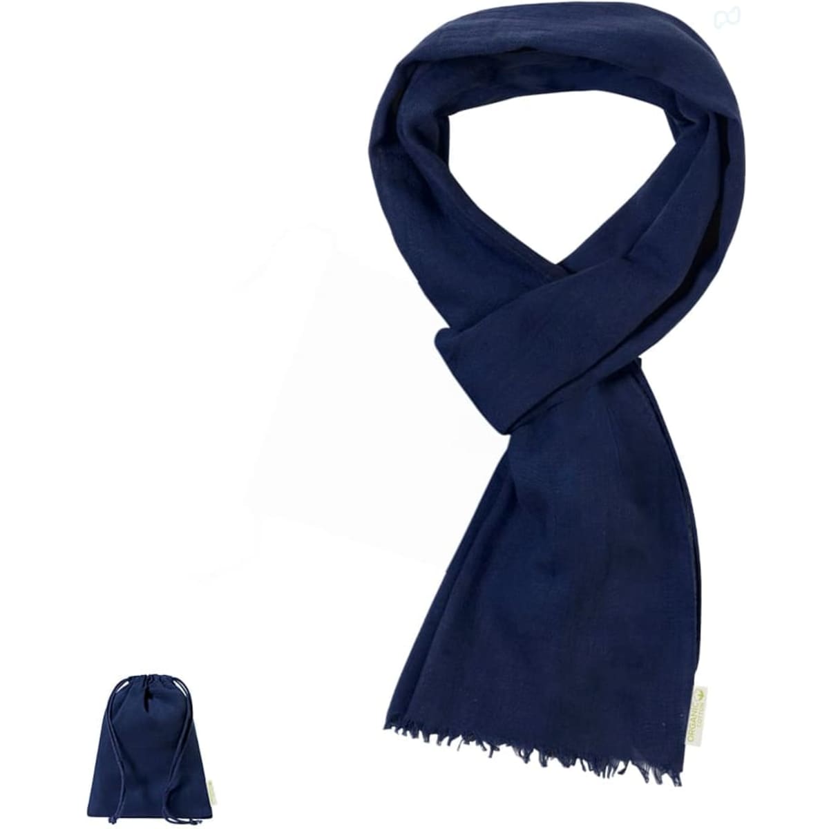 A navy scarf is displayed, featuring a soft texture and a fringed edge, with a matching storage bag included.