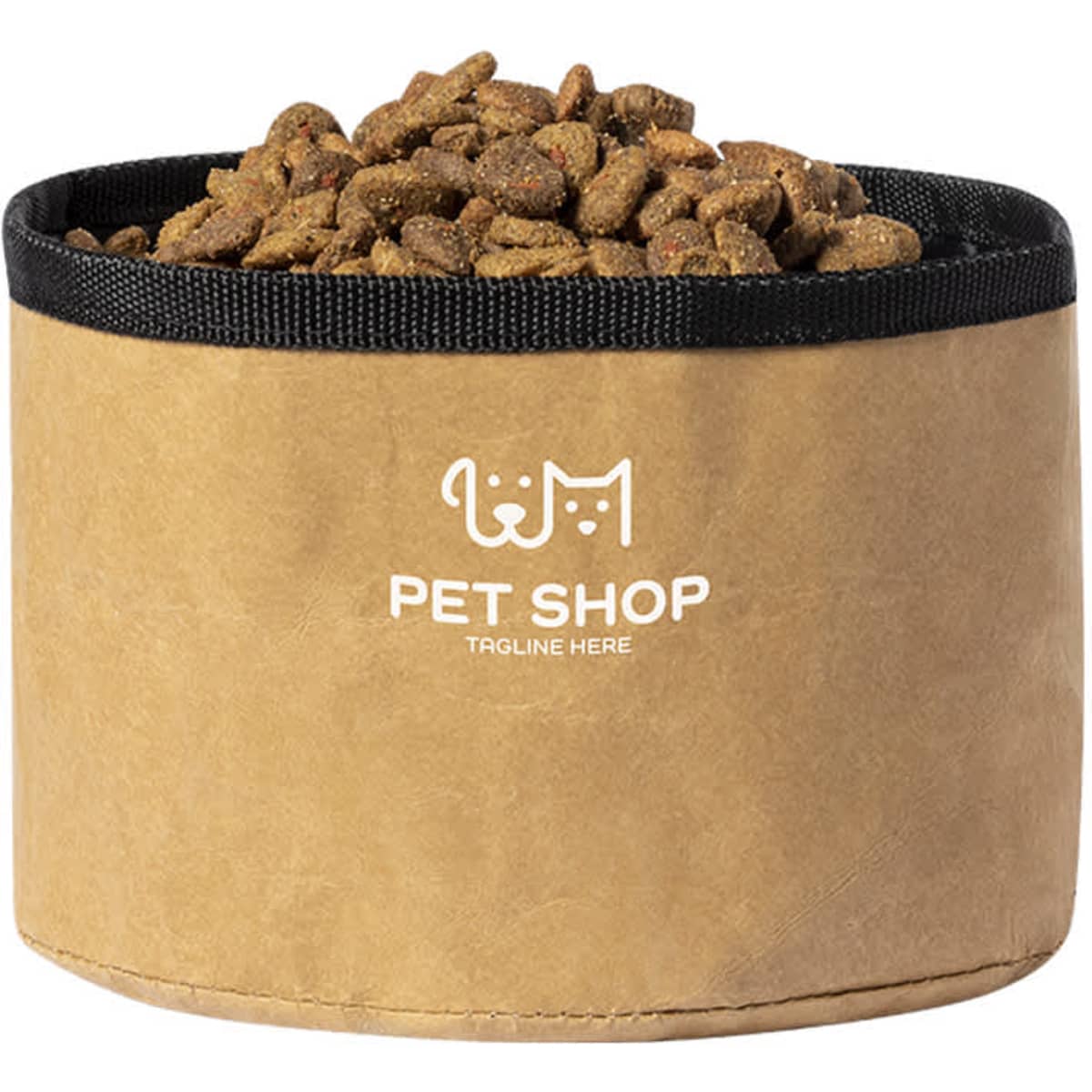 A pet food storage container in brown with a black rim, filled with dog kibble, featuring a logo.