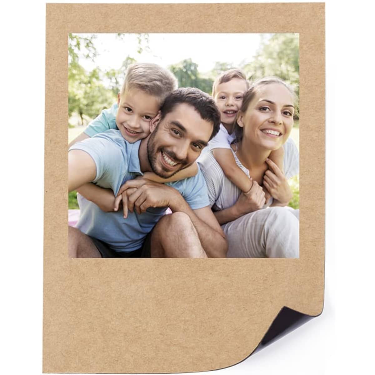 A magnetic photo frame featuring a happy family outdoors, with a brown kraft paper design and a corner curl.