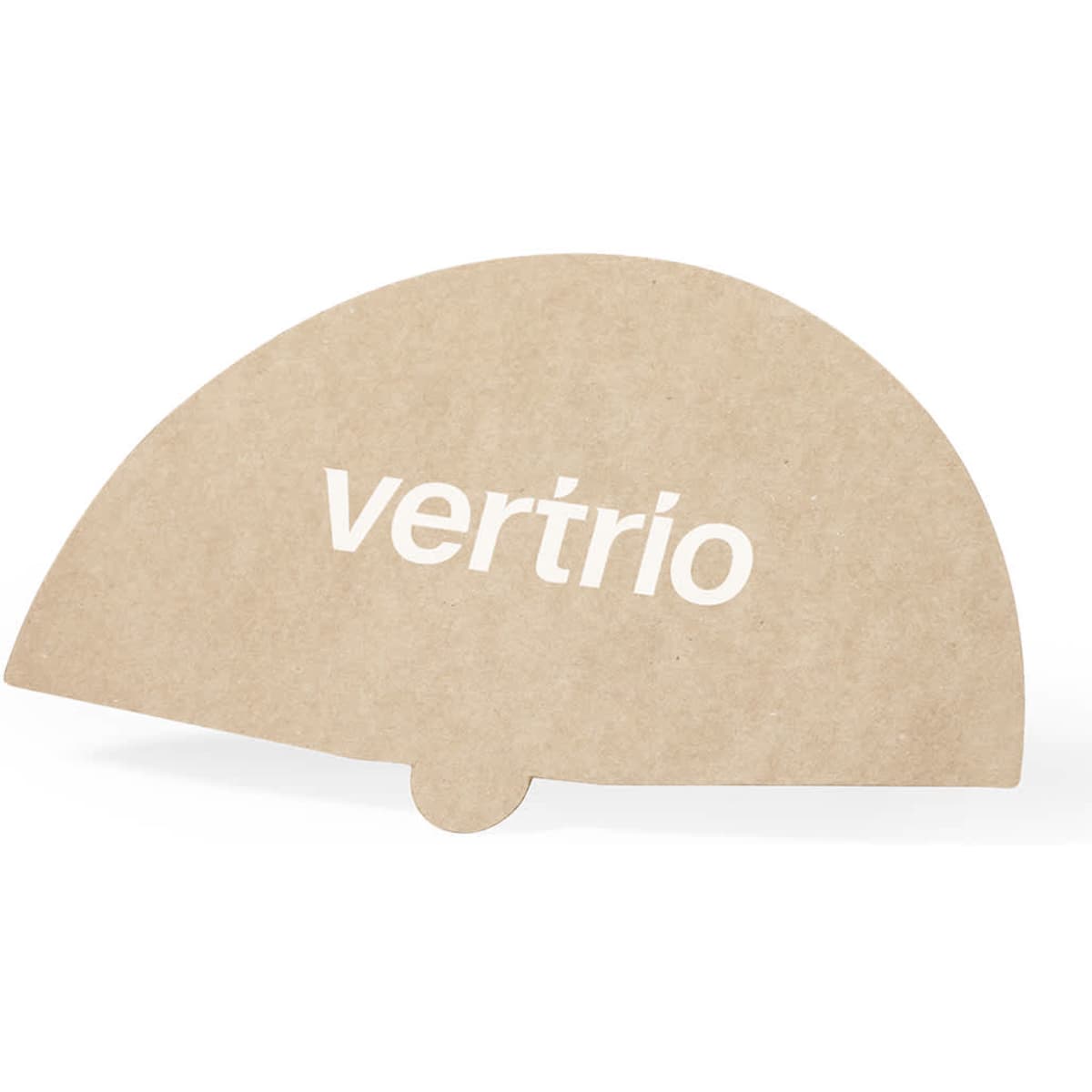 A brown handheld fan with a curved design and a logo printed in white.
