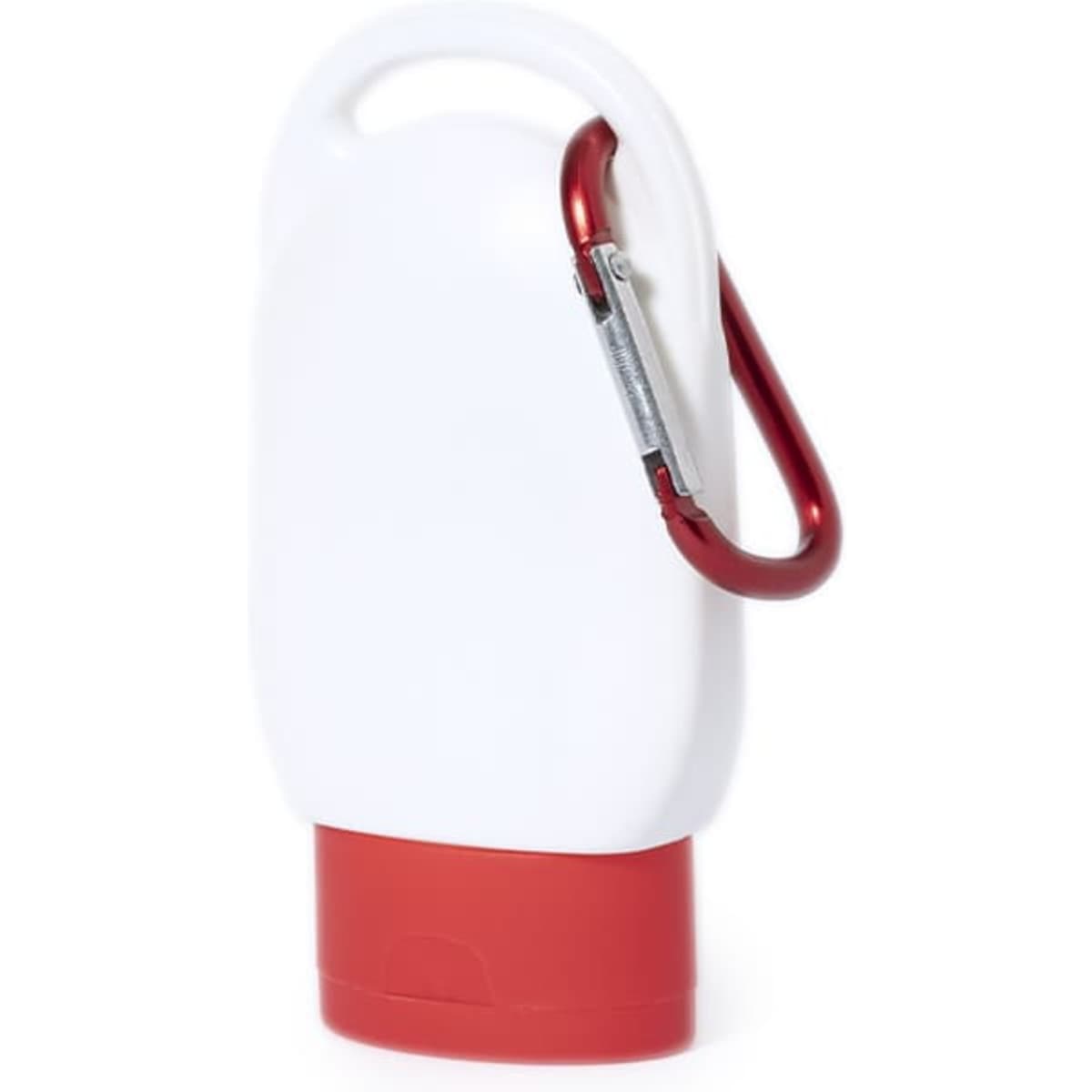 A sunscreen bottle in white and red with a carabiner attached for easy carrying.
