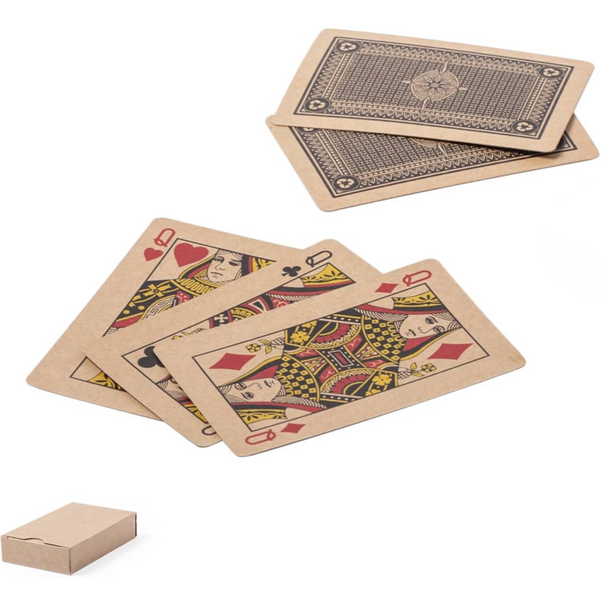 A set of playing cards in earthy tones, featuring classic designs, alongside a small, plain cardboard box.