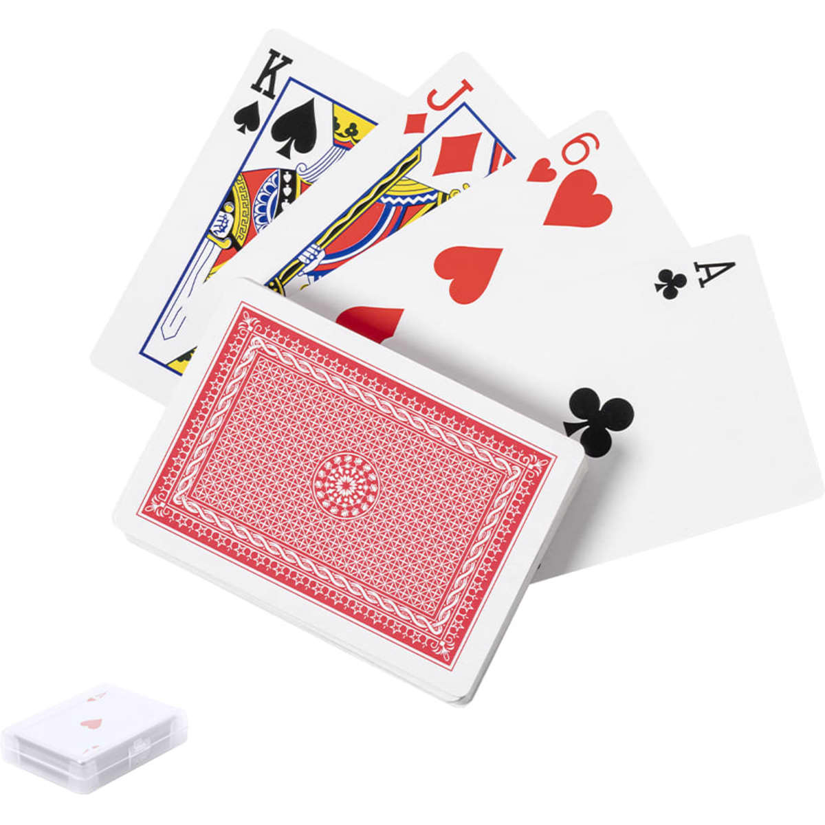 A set of playing cards featuring a variety of suits and ranks, with a red-backed card deck visible.