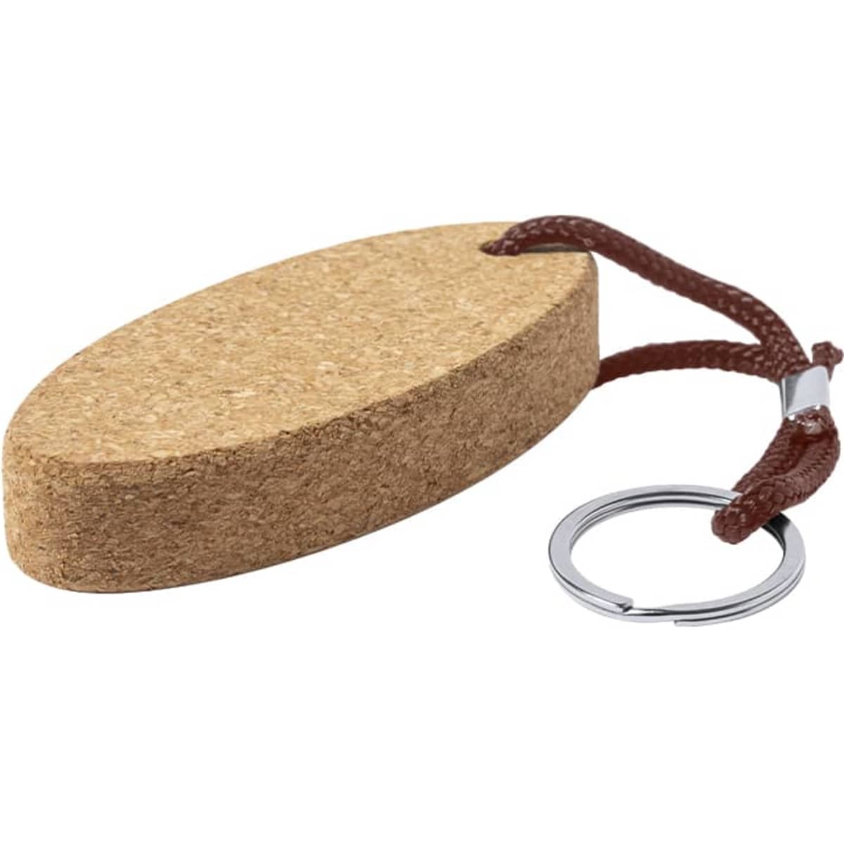 A cork keyring with a brown strap and metal ring, featuring a smooth, oval shape.