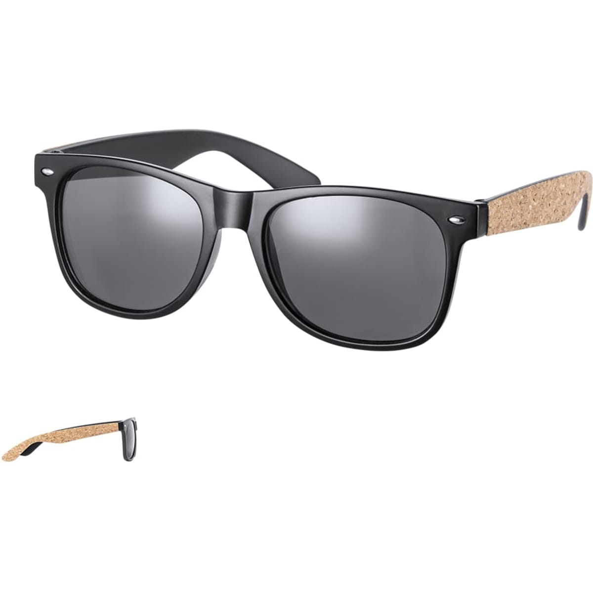 Sunglasses with black frames and cork-textured arms, featuring grey lenses and a logo on the side.