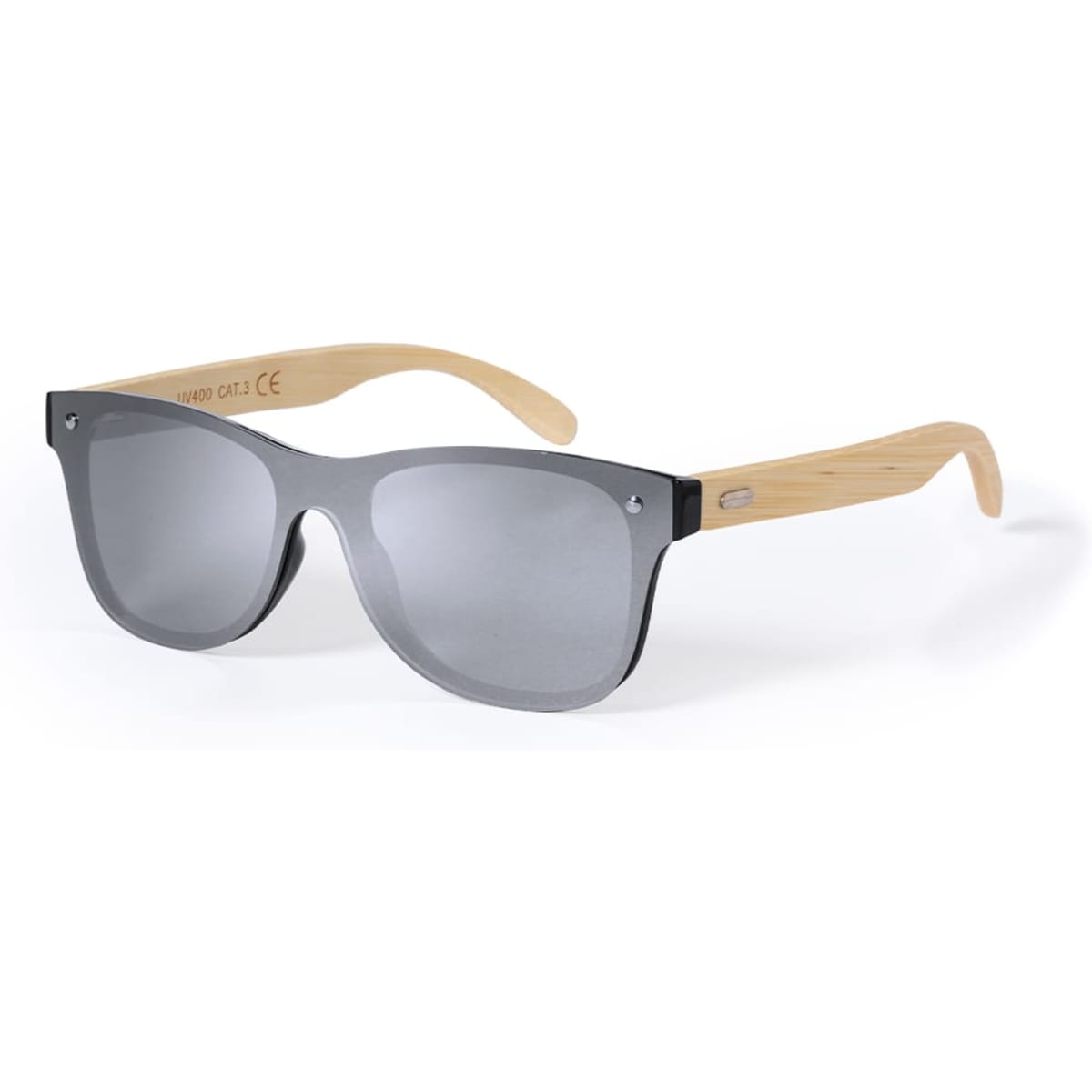 Sunglasses featuring grey lenses and bamboo-style arms, with a logo on the side.