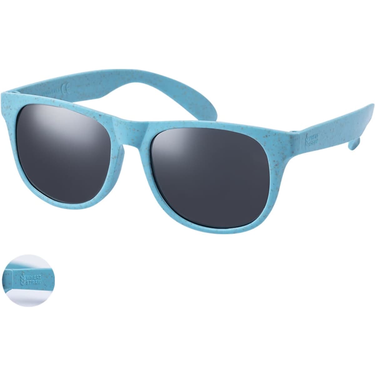 A pair of turquoise sunglasses with dark lenses, featuring a logo on the side.